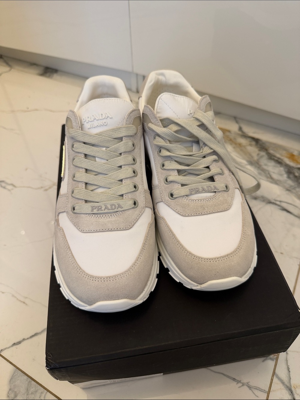 Prada Neutral Suede & Leather Runner Sneakers